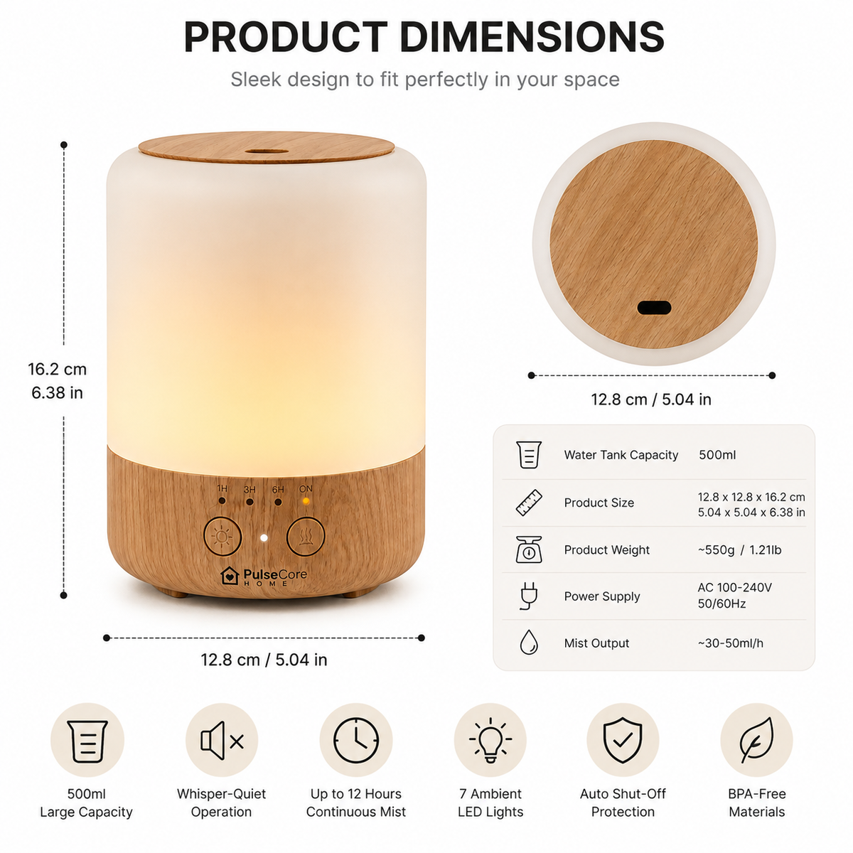 PulseCore Ultrasonic Aroma Diffuser 500ml